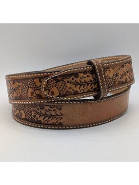 Vintage Cowboy Western DUN DEE Hand Tooled Leather Belt Mens Size 40 Acorns Bull